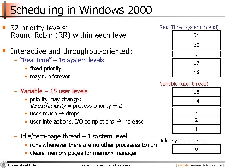 Scheduling in Windows 2000 § 32 priority levels: Real Time (system thread) Round Robin