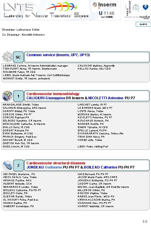 04/2018 Directeur: Letourneur Didier Co Directeur: Nicoletti Antonino SC Common service (Inserm, UP 7,