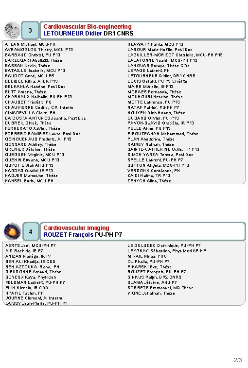 3 Cardiovascular Bio-engineering LETOURNEUR Didier DR 1 CNRS ATLAN Michael, MCU-PH AVRAMOGLOU Thierry, MCU