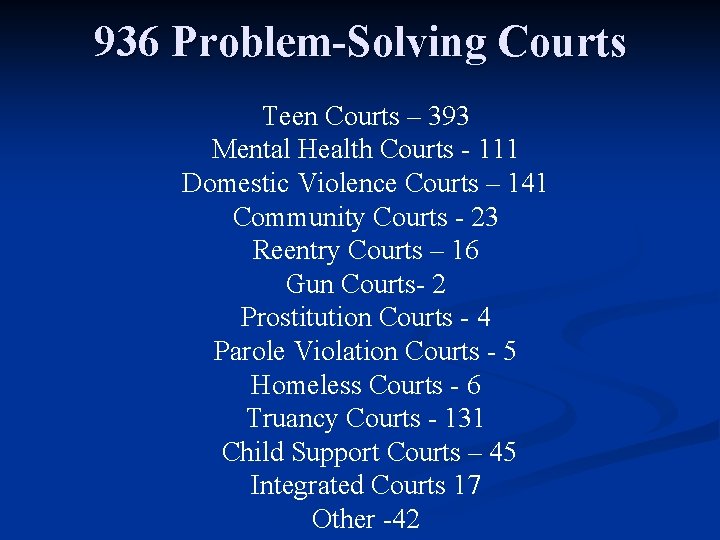 936 Problem-Solving Courts Teen Courts – 393 Mental Health Courts - 111 Domestic Violence