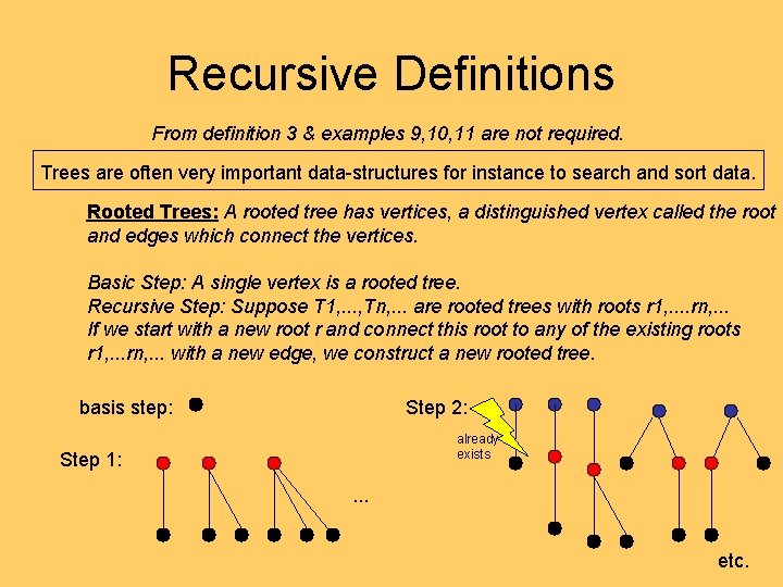 Recursive Definitions From definition 3 & examples 9, 10, 11 are not required. Trees Recursive Definitions From definition 3 & examples 9, 10, 11 are not required. Trees