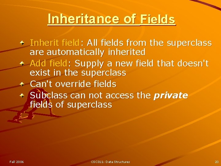 Inheritance of Fields Inherit field: All fields from the superclass are automatically inherited Add