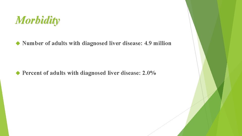 Morbidity Number of adults with diagnosed liver disease: 4. 9 million Percent of adults
