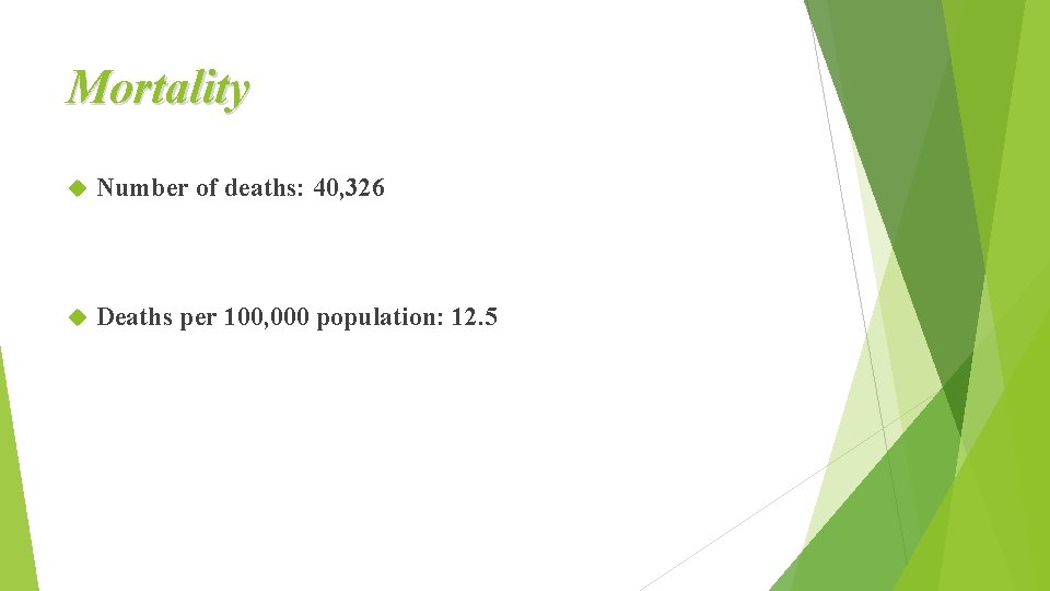 Mortality Number of deaths: 40, 326 Deaths per 100, 000 population: 12. 5 