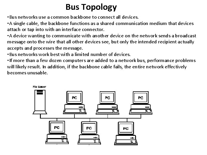 Bus Topology • Bus networks use a common backbone to connect all devices. •