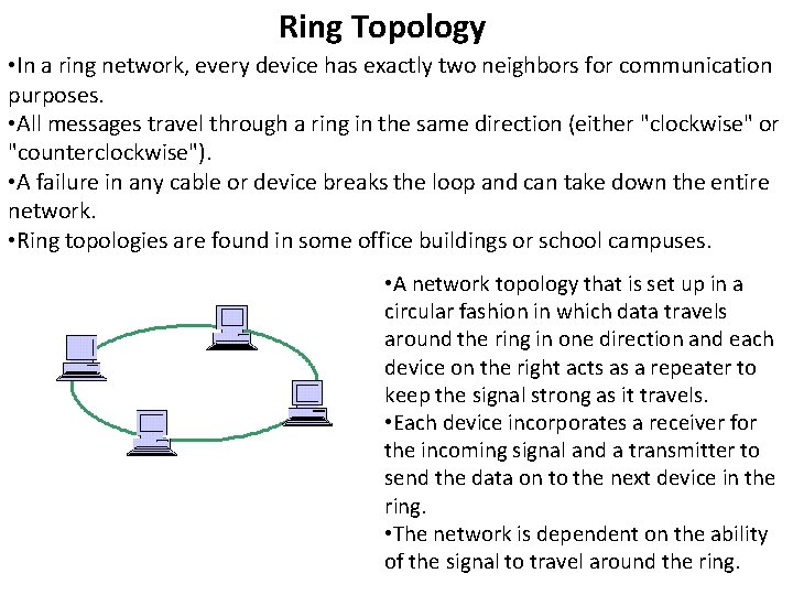 Ring Topology • In a ring network, every device has exactly two neighbors for