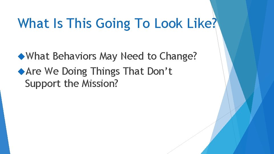 What Is This Going To Look Like? What Behaviors May Need to Change? Are What Is This Going To Look Like? What Behaviors May Need to Change? Are