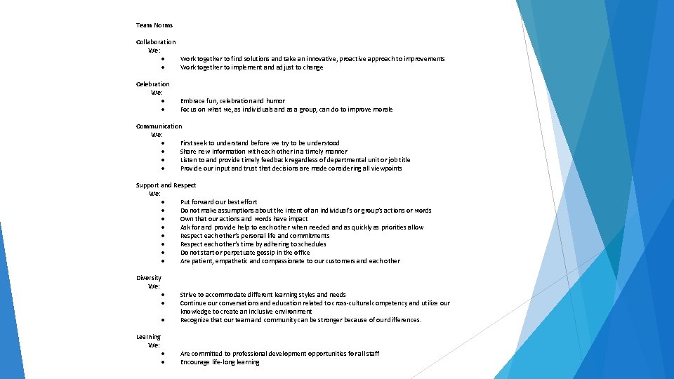 Team Norms Collaboration We: Celebration We: Work together to find solutions and take Team Norms Collaboration We: Celebration We: Work together to find solutions and take