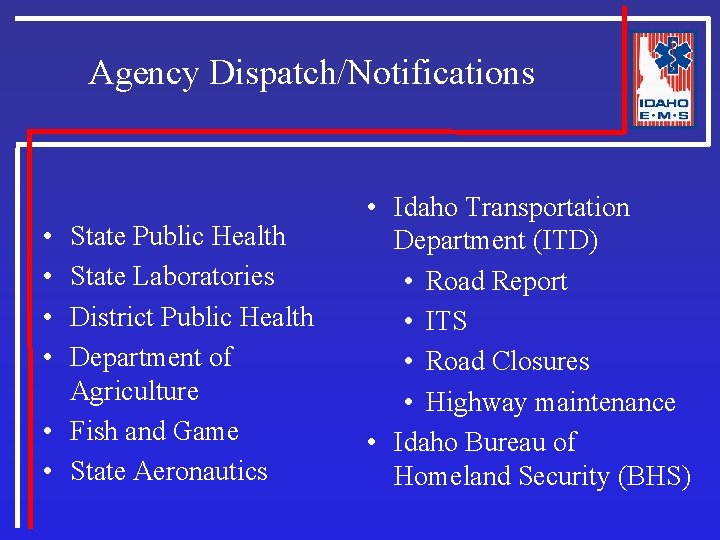 Agency Dispatch/Notifications • • State Public Health State Laboratories District Public Health Department of