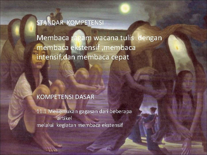 STANDAR KOMPETENSI Membaca ragam wacana tulis dengan membaca ekstensif , membaca intensif, dan membaca