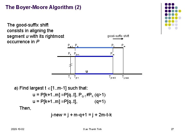 The Boyer-Moore Algorithm (2) The good-suffix shift consists in aligning the segment u with