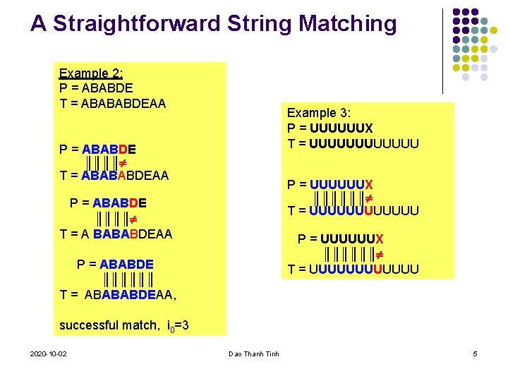 A Straightforward String Matching Example 2: P = ABABDE T = ABABABDEAA Example 3: