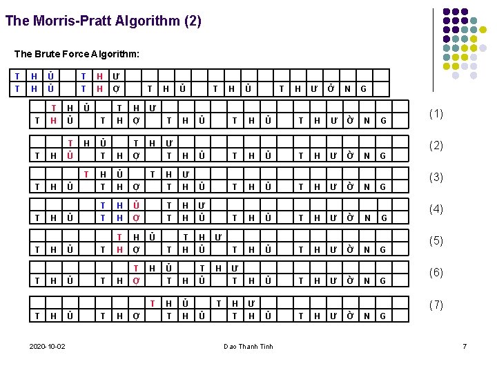 The Morris-Pratt Algorithm (2) The Brute Force Algorithm: T T H H T T