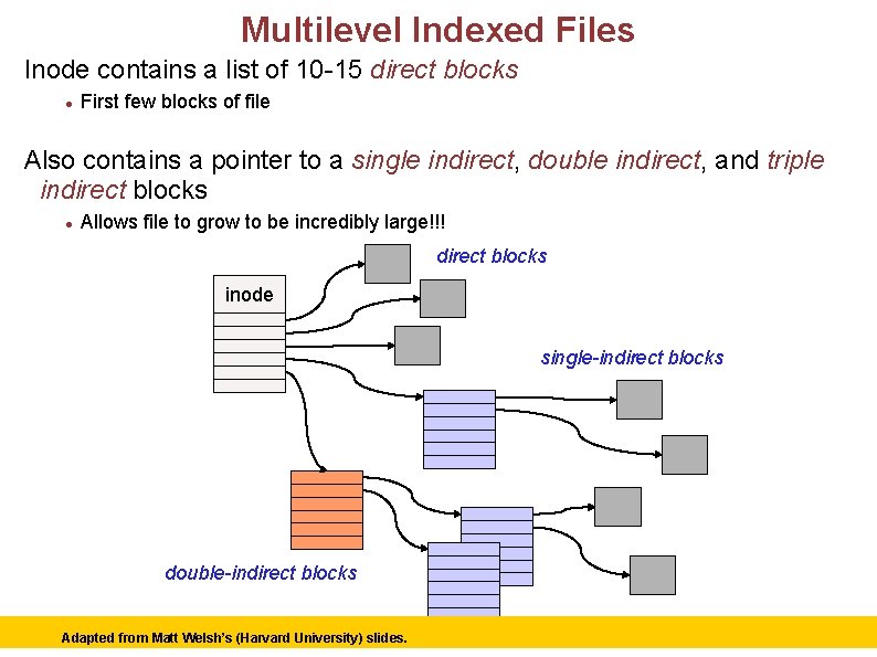 Multilevel Indexed Files Inode contains a list of 10 -15 direct blocks First few