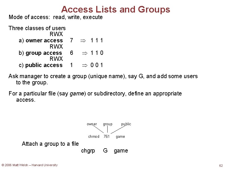 Access Lists and Groups Mode of access: read, write, execute Three classes of users
