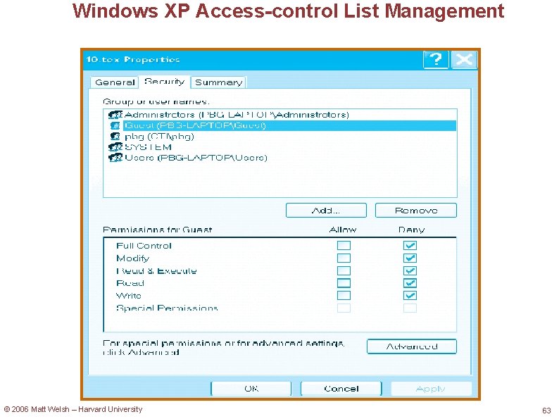 Windows XP Access-control List Management © 2006 Matt Welsh – Harvard University 63 