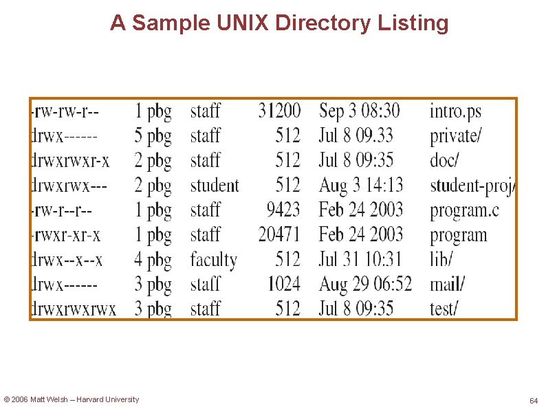 A Sample UNIX Directory Listing © 2006 Matt Welsh – Harvard University 64 