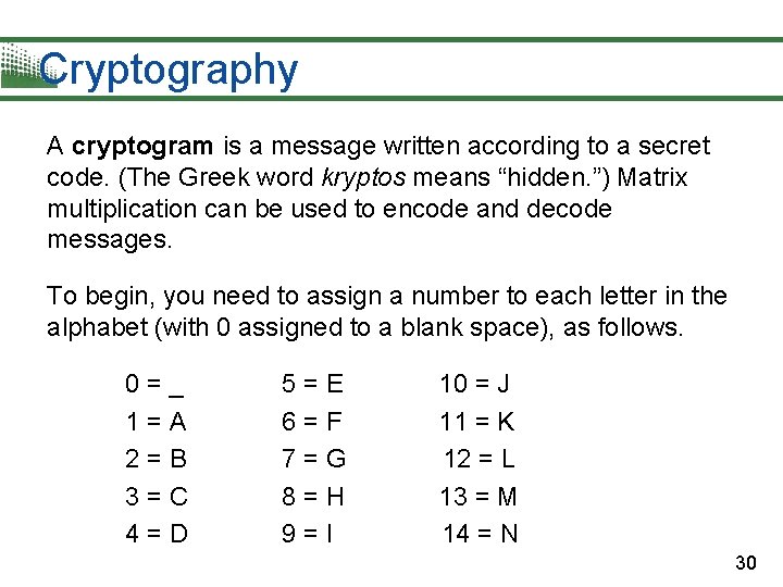 Cryptography A cryptogram is a message written according to a secret code. (The Greek