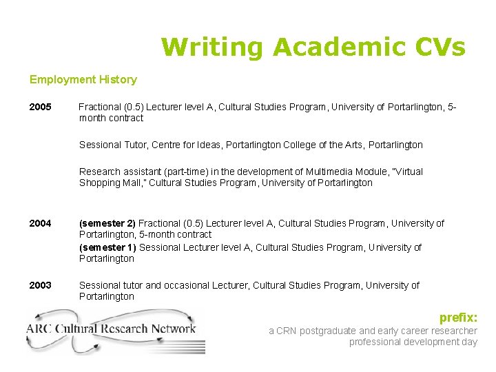 Writing Academic CVs Employment History 2005 Fractional (0. 5) Lecturer level A, Cultural Studies