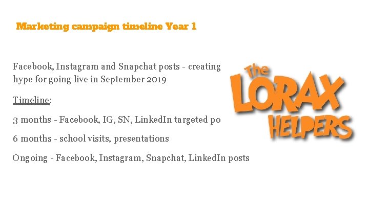 Marketing campaign timeline Year 1 Facebook, Instagram and Snapchat posts - creating hype for