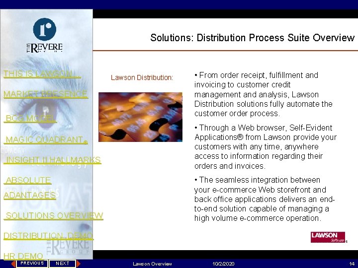 Solutions: Distribution Process Suite Overview THIS IS LAWSON… Lawson Distribution: MARKET PRESENCE BCG MODEL