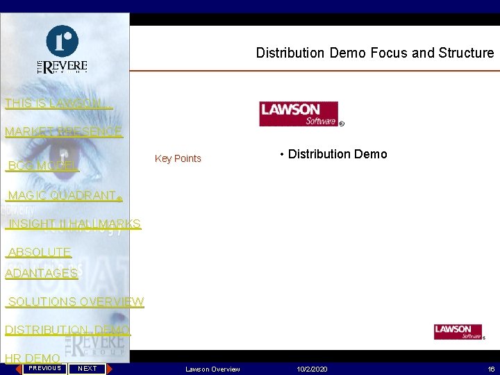 Distribution Demo Focus and Structure THIS IS LAWSON… MARKET PRESENCE BCG MODEL Key Points