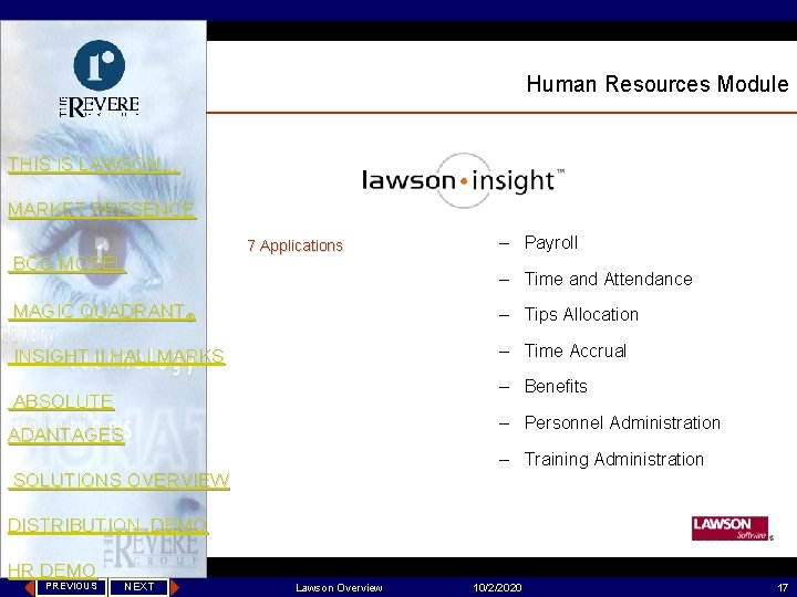 Human Resources Module THIS IS LAWSON… MARKET PRESENCE BCG MODEL 7 Applications – Payroll
