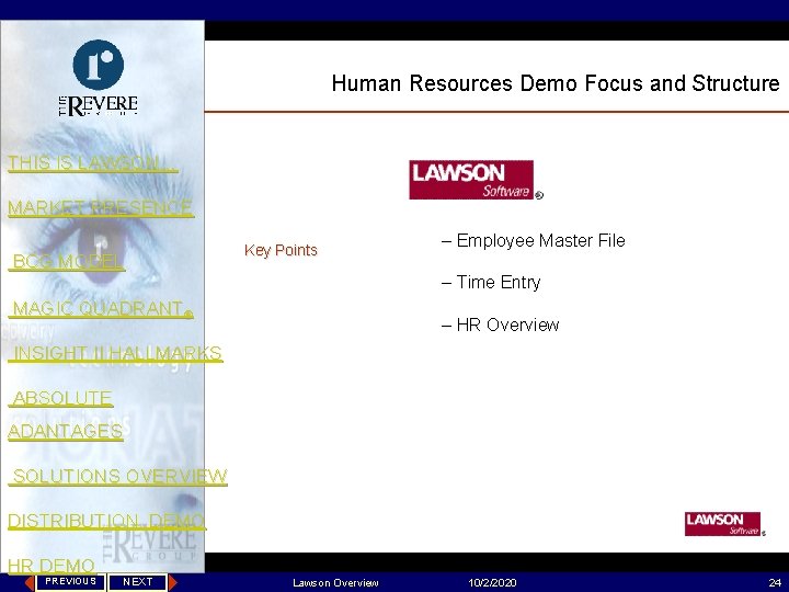 Human Resources Demo Focus and Structure THIS IS LAWSON… MARKET PRESENCE BCG MODEL Key