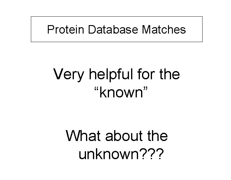 Protein Database Matches Very helpful for the “known” What about the unknown? ? ?