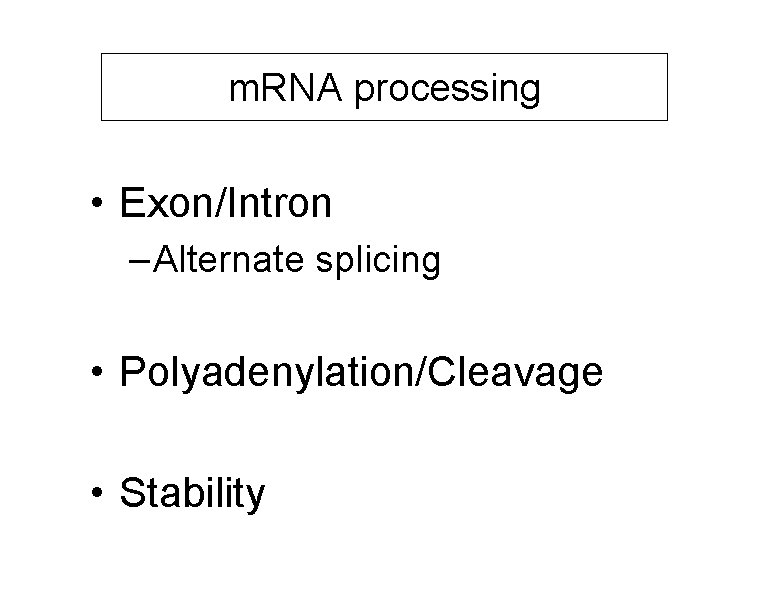 m. RNA processing • Exon/Intron – Alternate splicing • Polyadenylation/Cleavage • Stability 