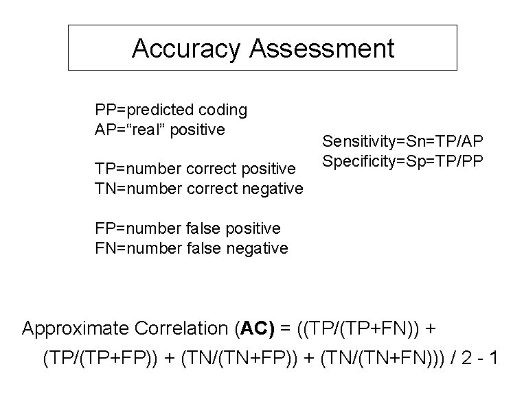 Accuracy Assessment PP=predicted coding AP=“real” positive TP=number correct positive TN=number correct negative Sensitivity=Sn=TP/AP Specificity=Sp=TP/PP