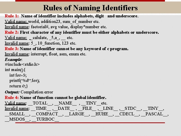 Rules of Naming Identifiers Rule 1: Name of identifier includes alphabets, digit and underscore.