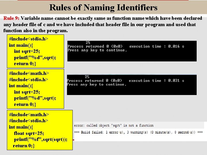 Rules of Naming Identifiers Rule 9: Variable name cannot be exactly same as function