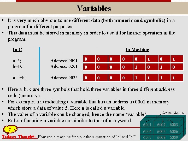 Variables • It is very much obvious to use different data (both numeric and