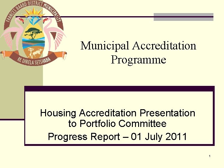 Municipal Accreditation Programme Housing Accreditation Presentation to Portfolio Committee Progress Report – 01 July