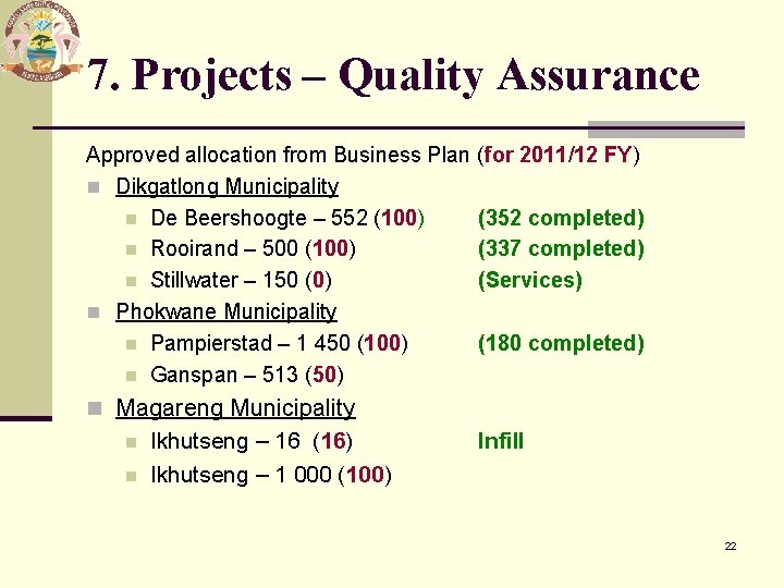 7. Projects – Quality Assurance Approved allocation from Business Plan (for 2011/12 FY) n