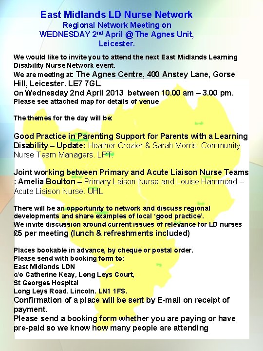 East Midlands LD Nurse Network Regional Network Meeting on WEDNESDAY 2 nd April @