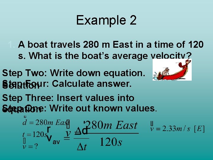 Example 2 1. A boat travels 280 m East in a time of 120 Example 2 1. A boat travels 280 m East in a time of 120
