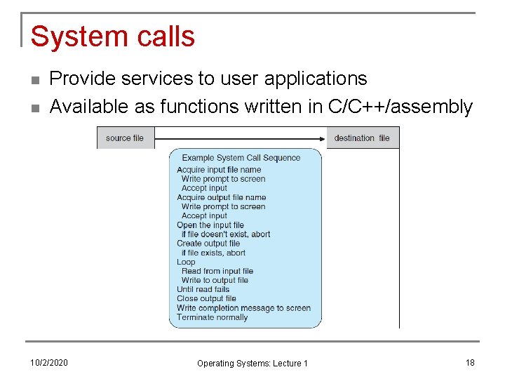 System calls n n Provide services to user applications Available as functions written in