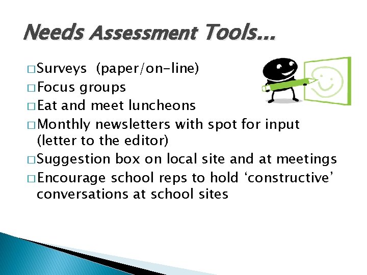 Needs Assessment Tools. . . � Surveys (paper/on-line) � Focus groups � Eat and