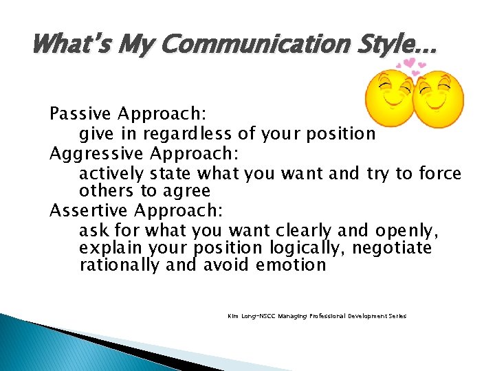 What’s My Communication Style. . . Passive Approach: give in regardless of your position
