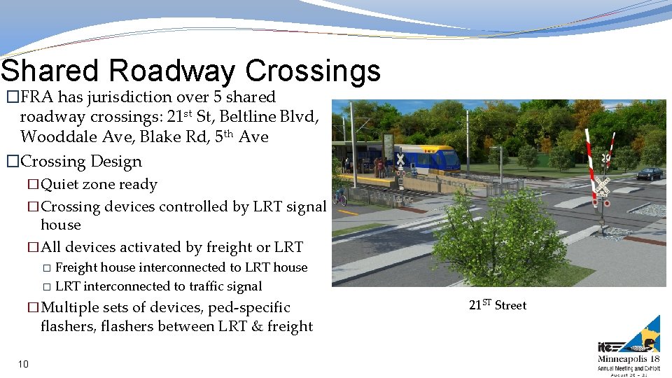 Shared Roadway Crossings �FRA has jurisdiction over 5 shared roadway crossings: 21 st St,