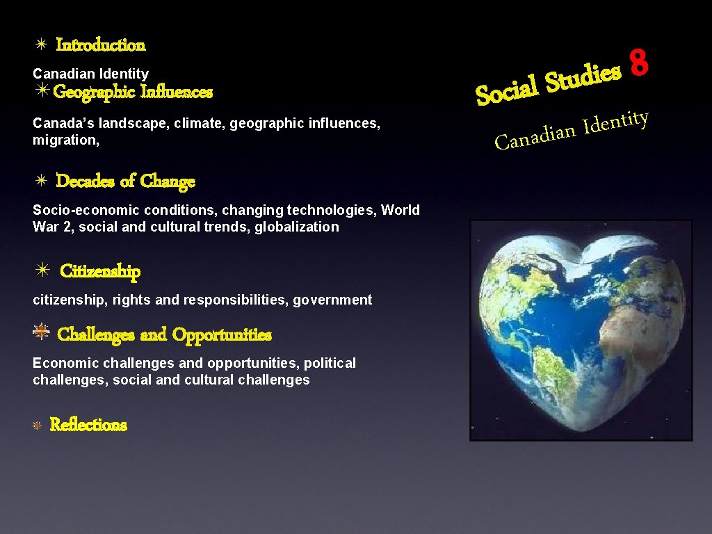 ✴ Introduction Canadian Identity ✴Geographic Influences Canada’s landscape, climate, geographic influences, migration, ✴ Decades ✴ Introduction Canadian Identity ✴Geographic Influences Canada’s landscape, climate, geographic influences, migration, ✴ Decades