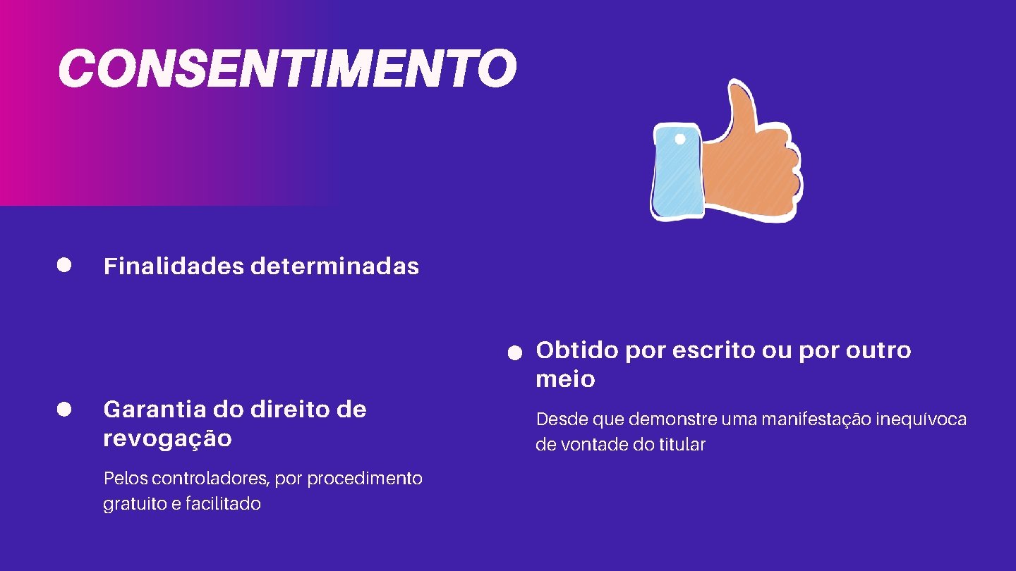 CONSENTIMENTO Finalidades determinadas Obtido por escrito ou por outro meio Garantia do direito de