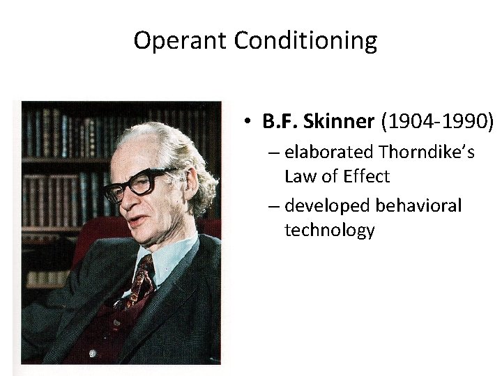 Operant Conditioning • B. F. Skinner (1904 -1990) – elaborated Thorndike’s Law of Effect