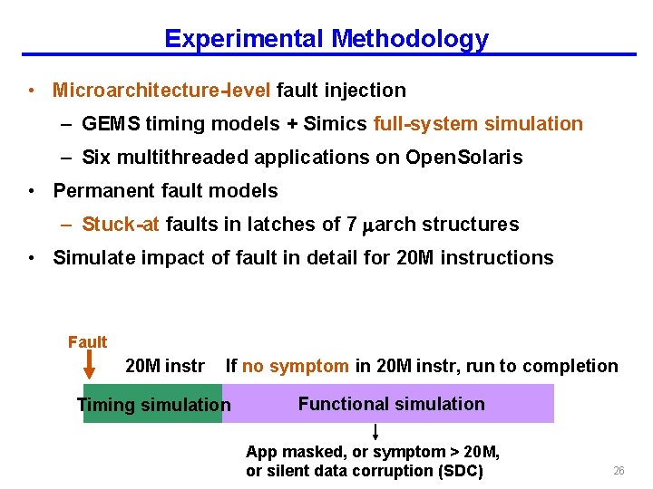 Experimental Methodology • Microarchitecture-level fault injection – GEMS timing models + Simics full-system simulation