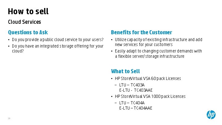 How to sell Cloud Services Questions to Ask Benefits for the Customer • Do