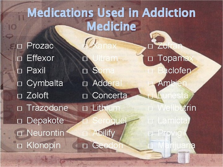 Medications Used in Addiction Medicine � � � � � Prozac Effexor Paxil Cymbalta