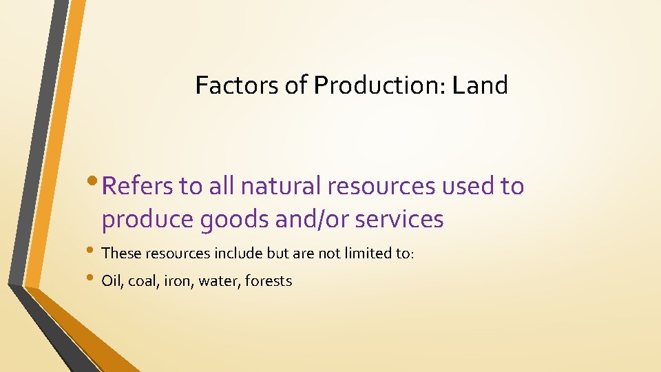 Factors of Production: Land • Refers to all natural resources used to produce goods