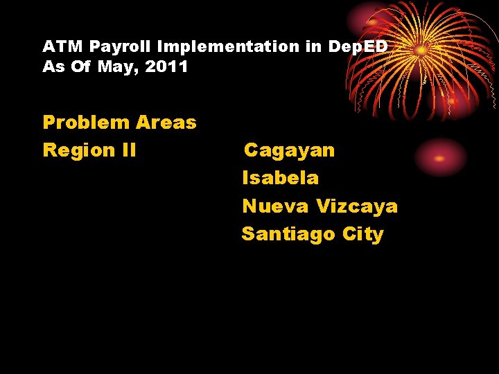 ATM Payroll Implementation in Dep. ED As Of May, 2011 Problem Areas Region II